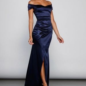 Navy Valencia Formal Off-The-Shoulder Wrap Dress